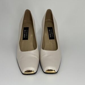 Stuart Weitzman Pumps Womens 8 AA Pearl Square Toe Gold Accent Block Heel Spain